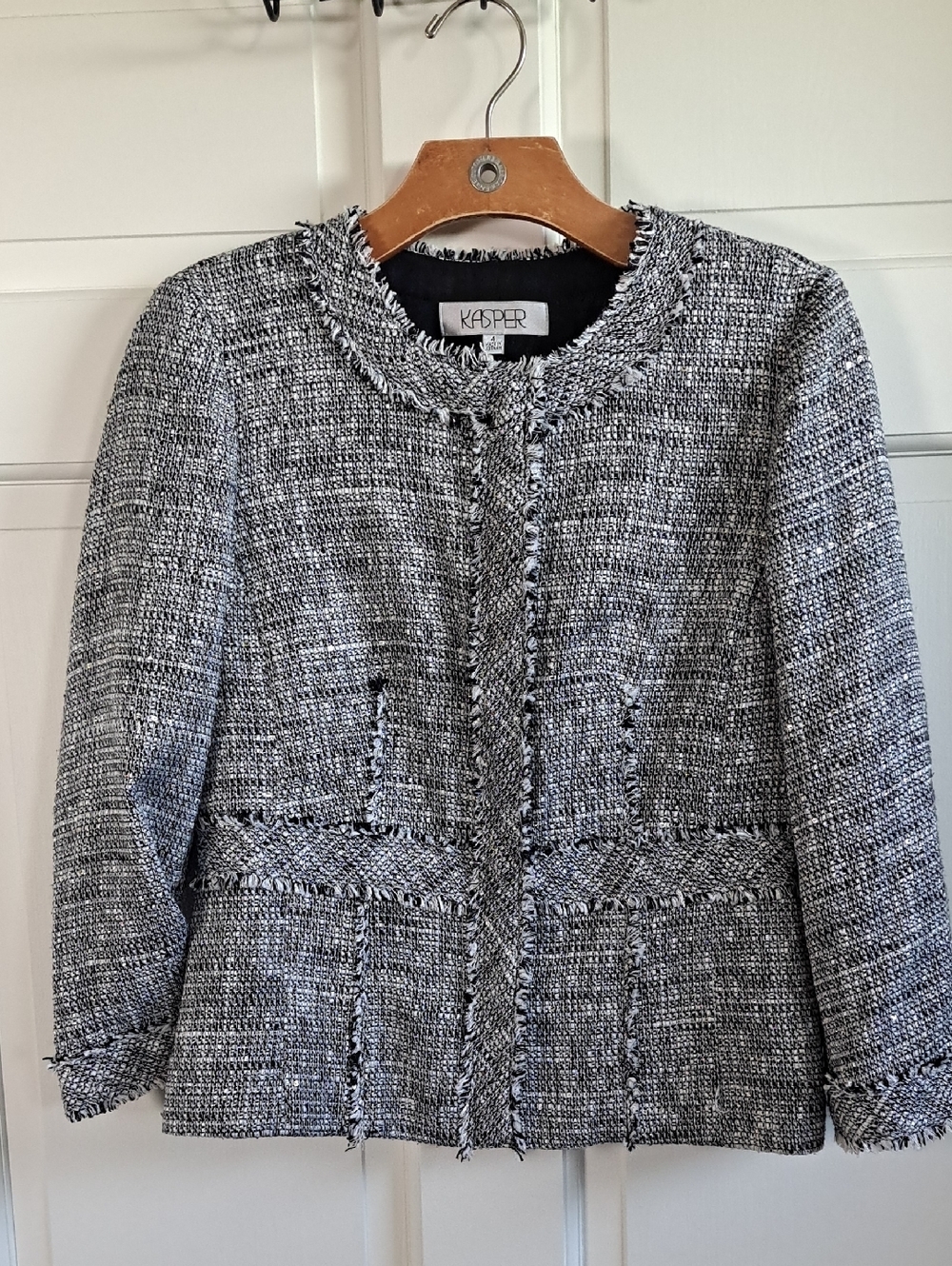 Kasper Classy Raw Fringe Tweed Jacket Textured Career Dressy Lightweight Blazer
